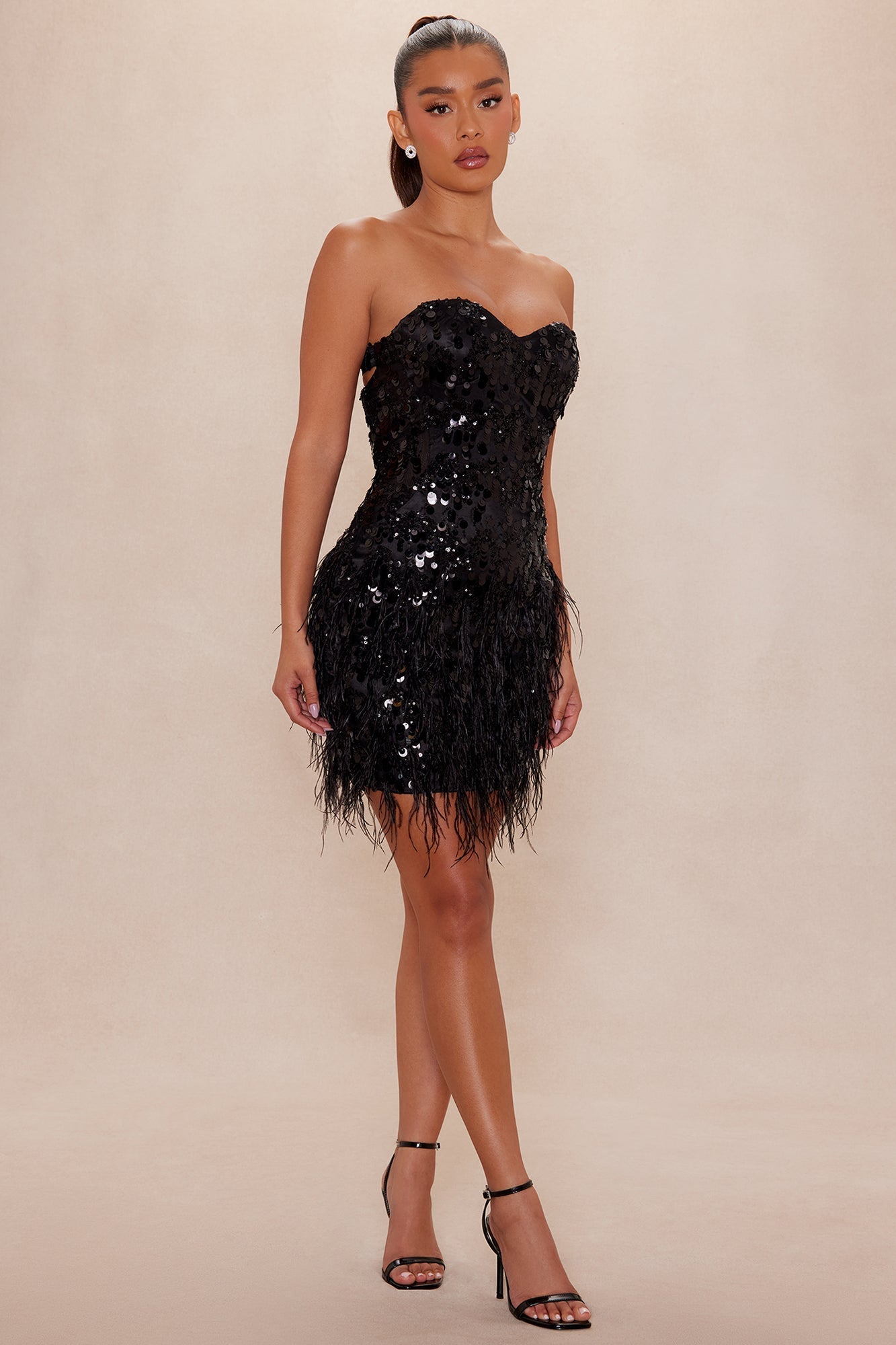 Jasmine Sequin Feather Mini Dress - Black