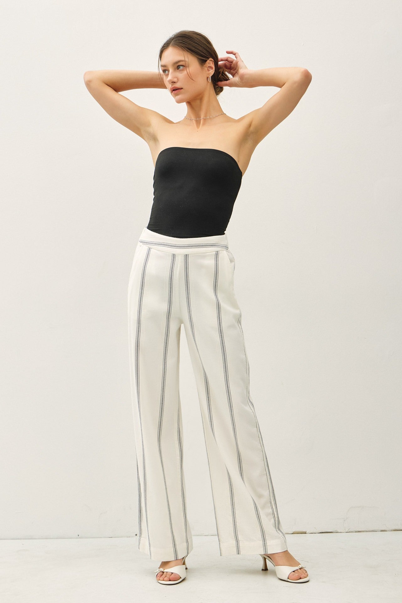 Ivory Striped Linen-Blend Pants