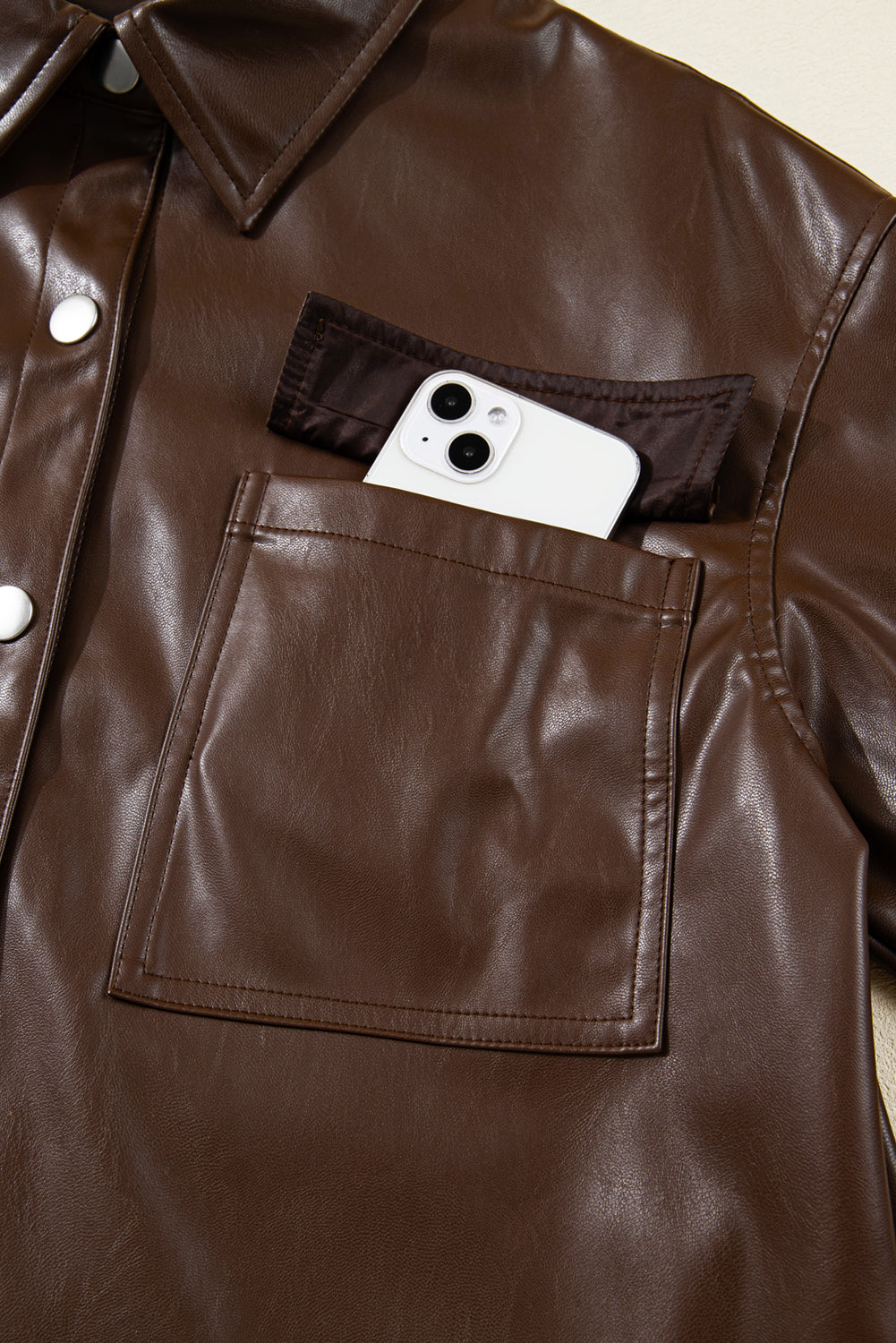 Leather Drawstring Hem Pocketed Jacket