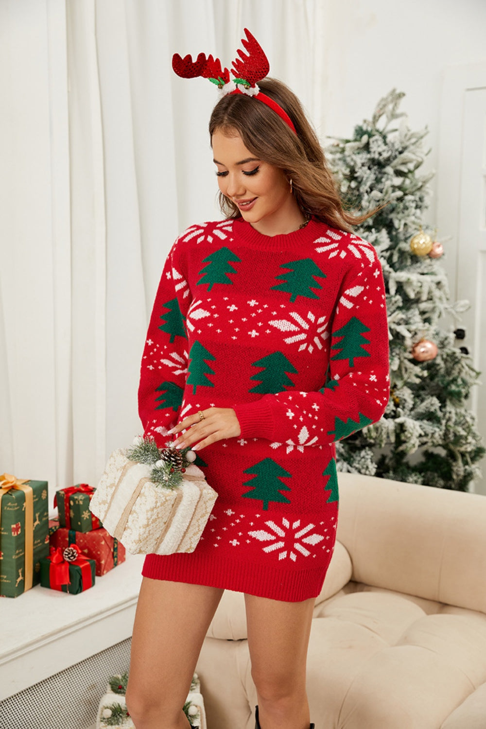 Christmas Tree Round Neck Sweater Dress Sizes S-2XL