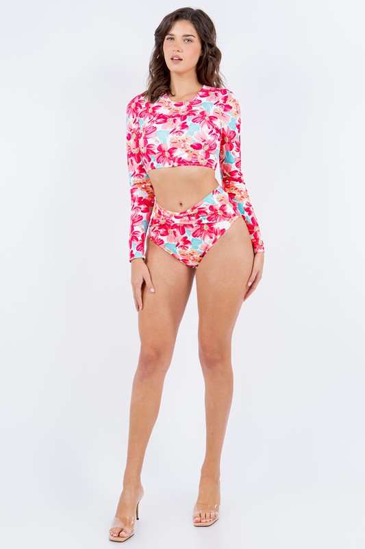 Two Piece Floral Prints with Long Sleeve Bikini