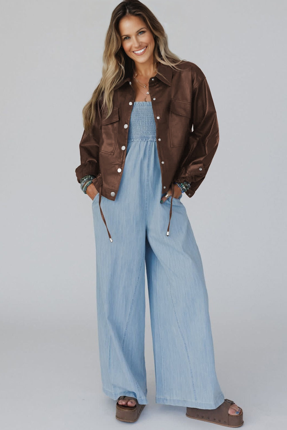 Leather Drawstring Hem Pocketed Jacket