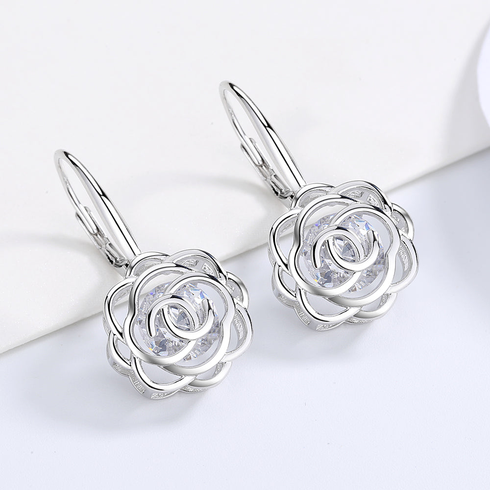 14K Gold Caged with crystals from Swarovski Rose Lever Back Earrings