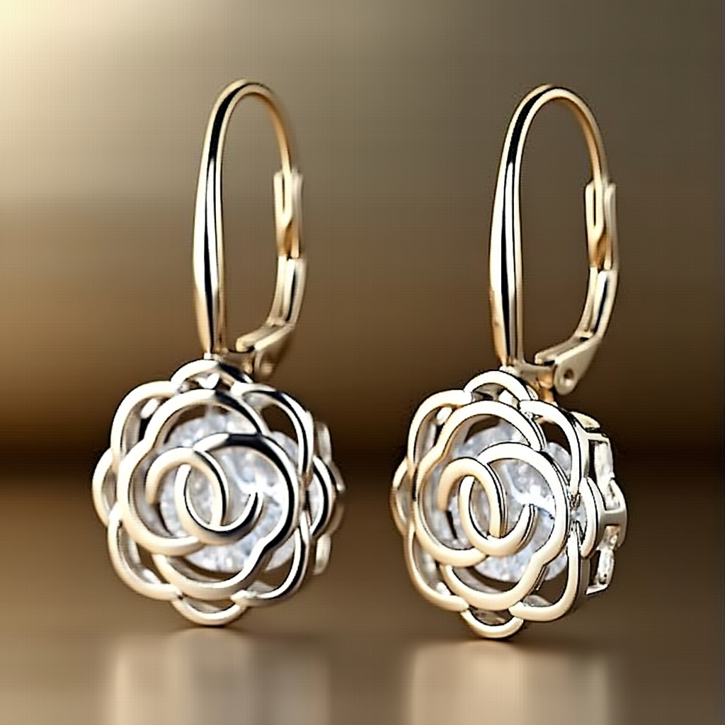 14K Gold Caged with crystals from Swarovski Rose Lever Back Earrings