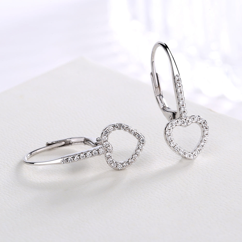 14K White Gold Open Heart Leverbak Earrings with Crystals