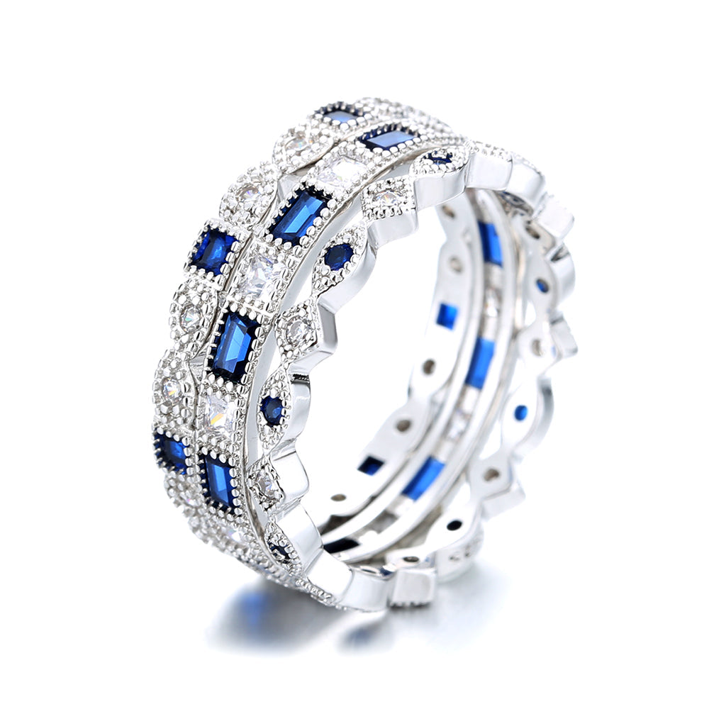 14K White Gold Sapphire French Milligram 3 piece Ring Set