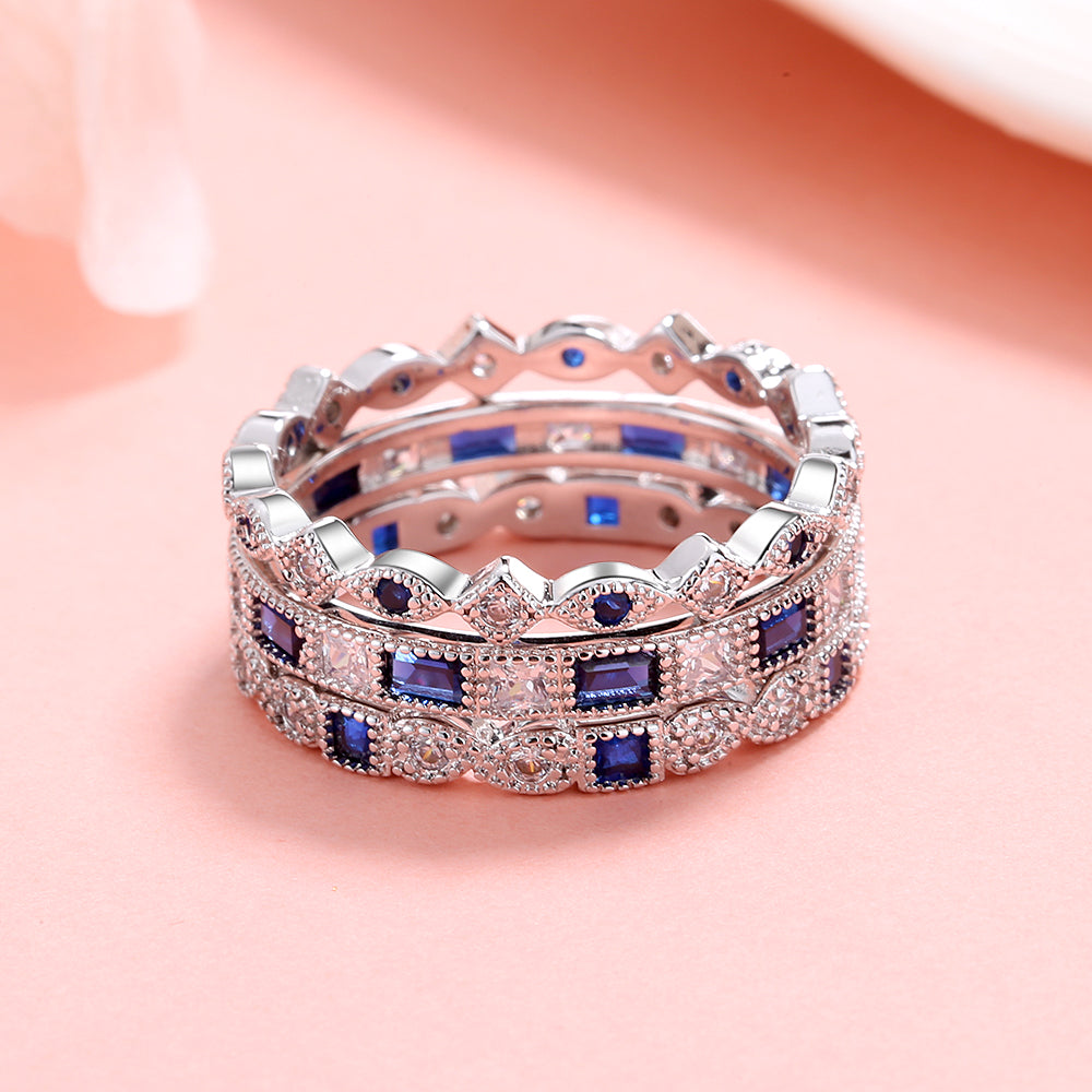 14K White Gold Sapphire French Milligram 3 piece Ring Set