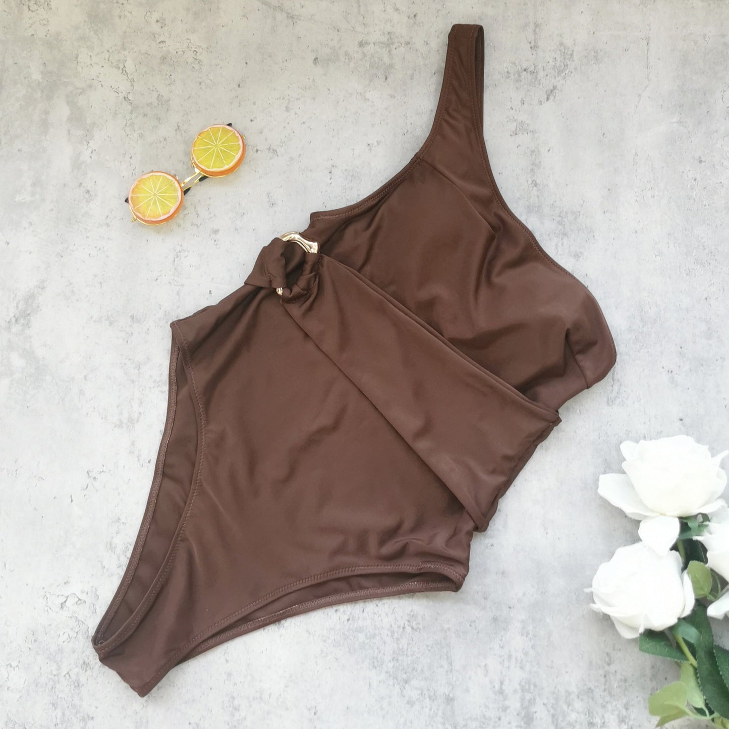 One Shoulder One Piece Swimsuit Women Solid Color Briefs