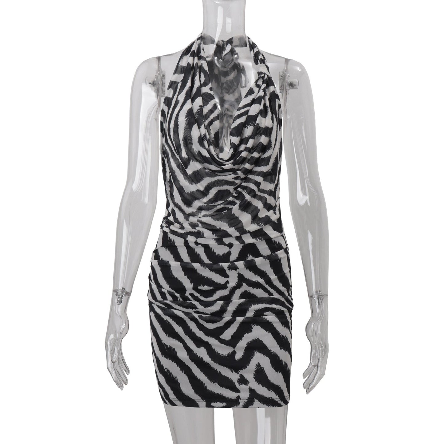 Women Clothing Autumn Sexy Halter Swing Collar Personality Zebra Pattern Sexy Hip Bag Dress Women