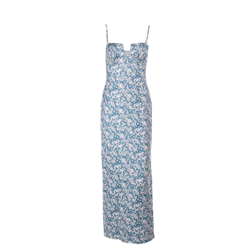 Sexy Printed Backless Spaghetti Strap Split Maxi Dress