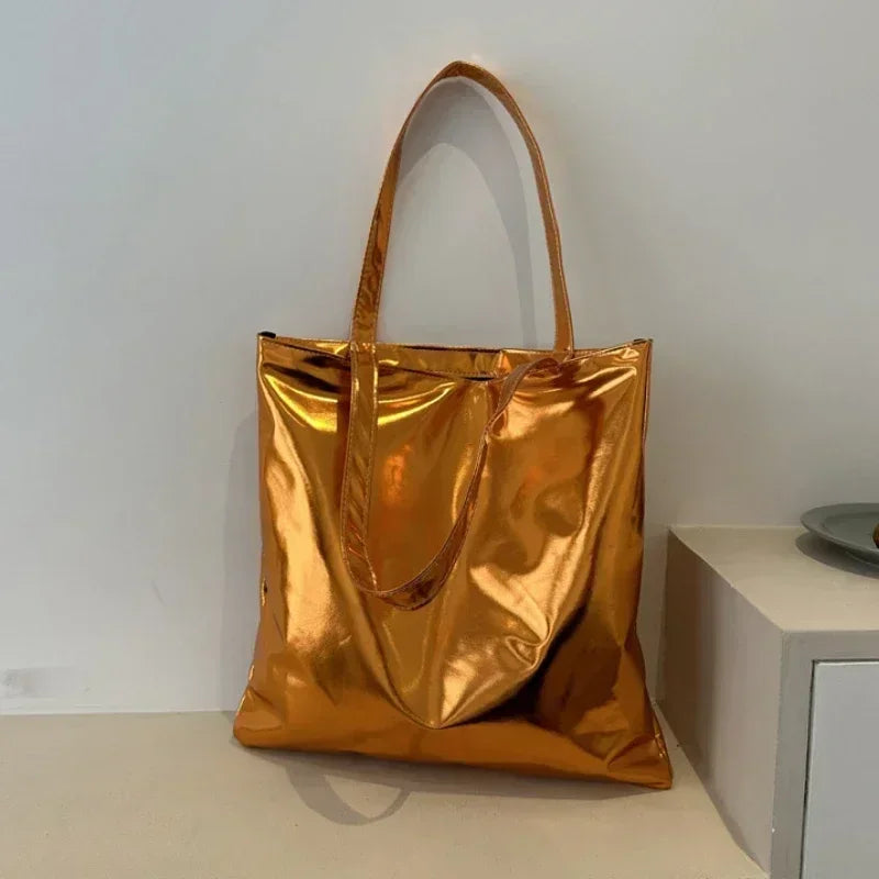 Glossy PU Leather Tote Bag Large Capacity, Shoulder Handbag