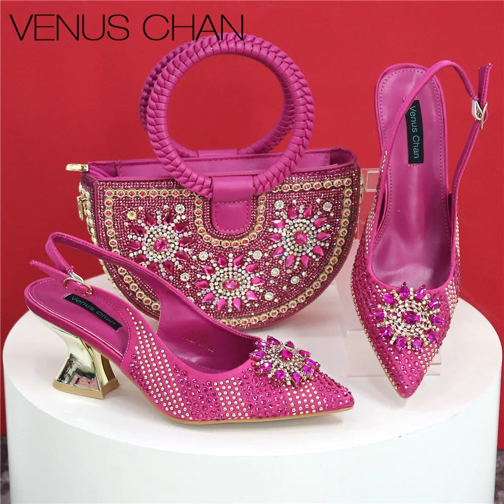 Italian Design Shoes & Handmade Petal Clutch Bag Set – Elegant Crystal Finish