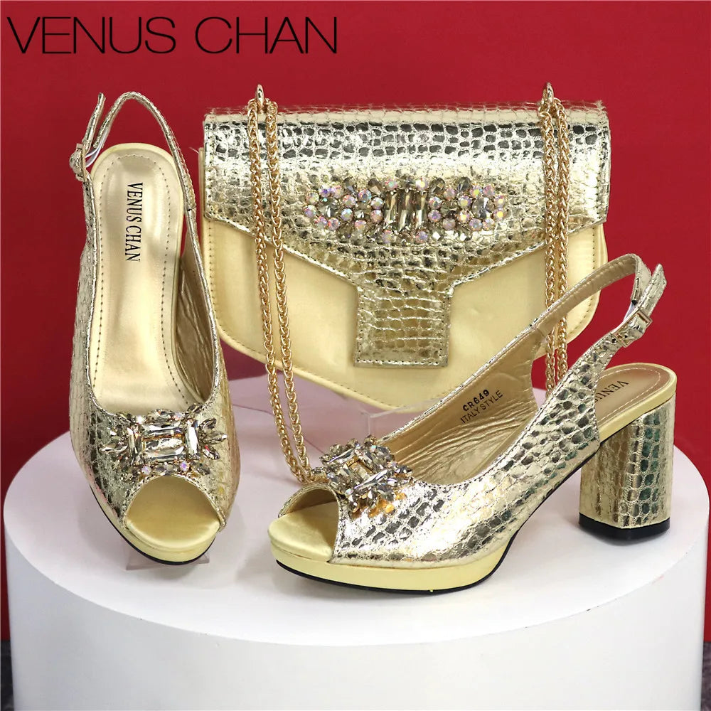 Elegant Crystal Peep Toe Heels & Matching Bag Set for Women