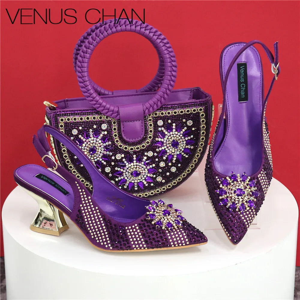 Italian Design Shoes & Handmade Petal Clutch Bag Set – Elegant Crystal Finish