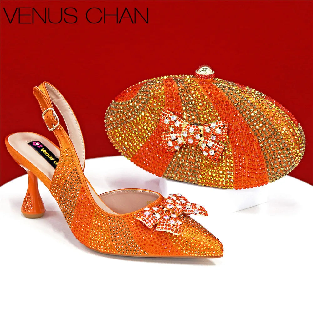 Italian Design Women’s High Heels & Matching Clutch Bag Set – Elegant with Appliqué Detail