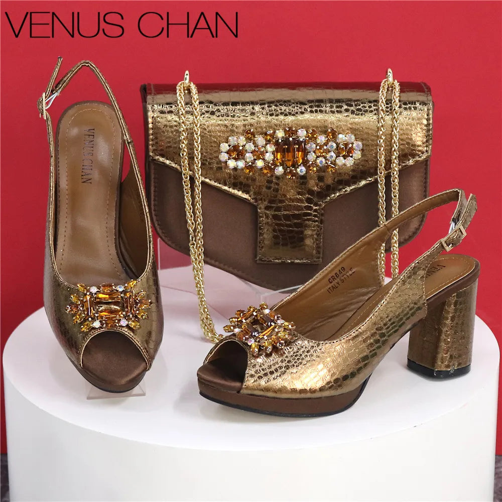 Elegant Crystal Peep Toe Heels & Matching Bag Set for Women