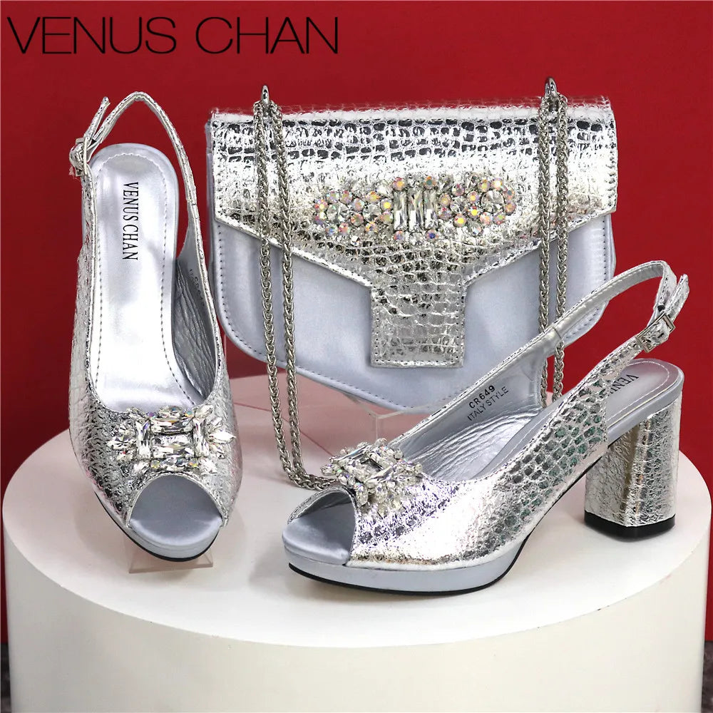 Elegant Crystal Peep Toe Heels & Matching Bag Set for Women