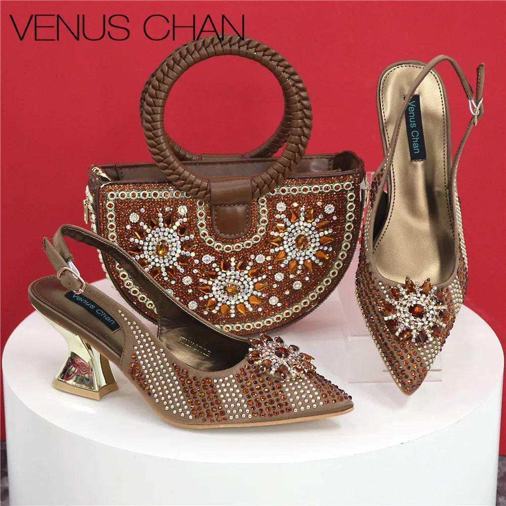 Italian Design Shoes & Handmade Petal Clutch Bag Set – Elegant Crystal Finish