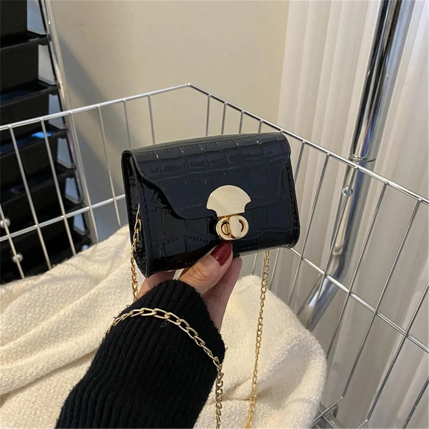Leather Chain Mini Crossbody Bag with Metal Buckle