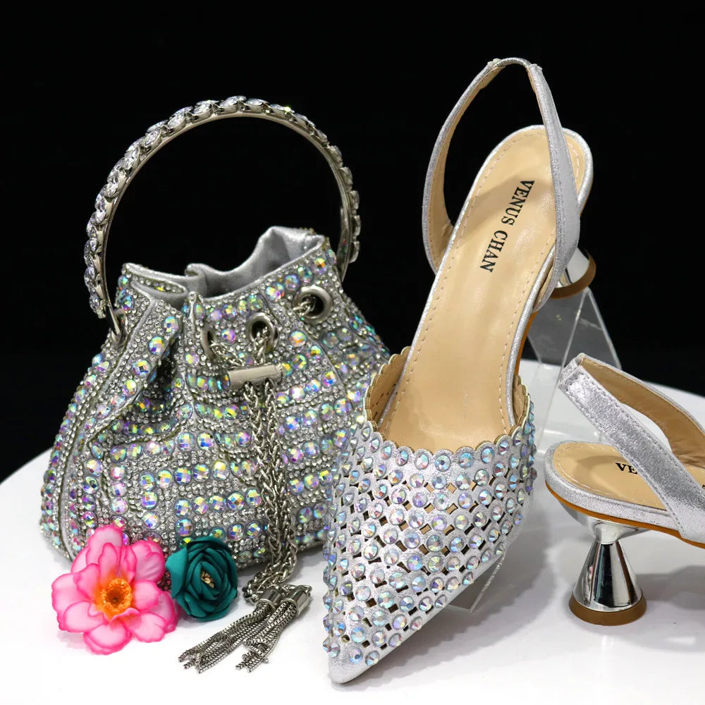 Diamond Design Women’s Shoe & Matching Bag Set – Crystal Elegance
