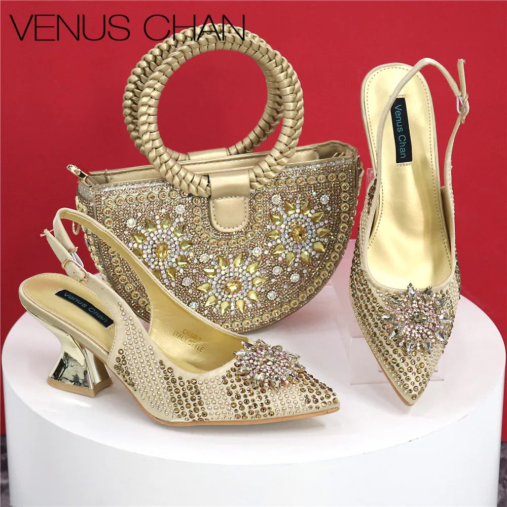 Italian Design Shoes & Handmade Petal Clutch Bag Set – Elegant Crystal Finish