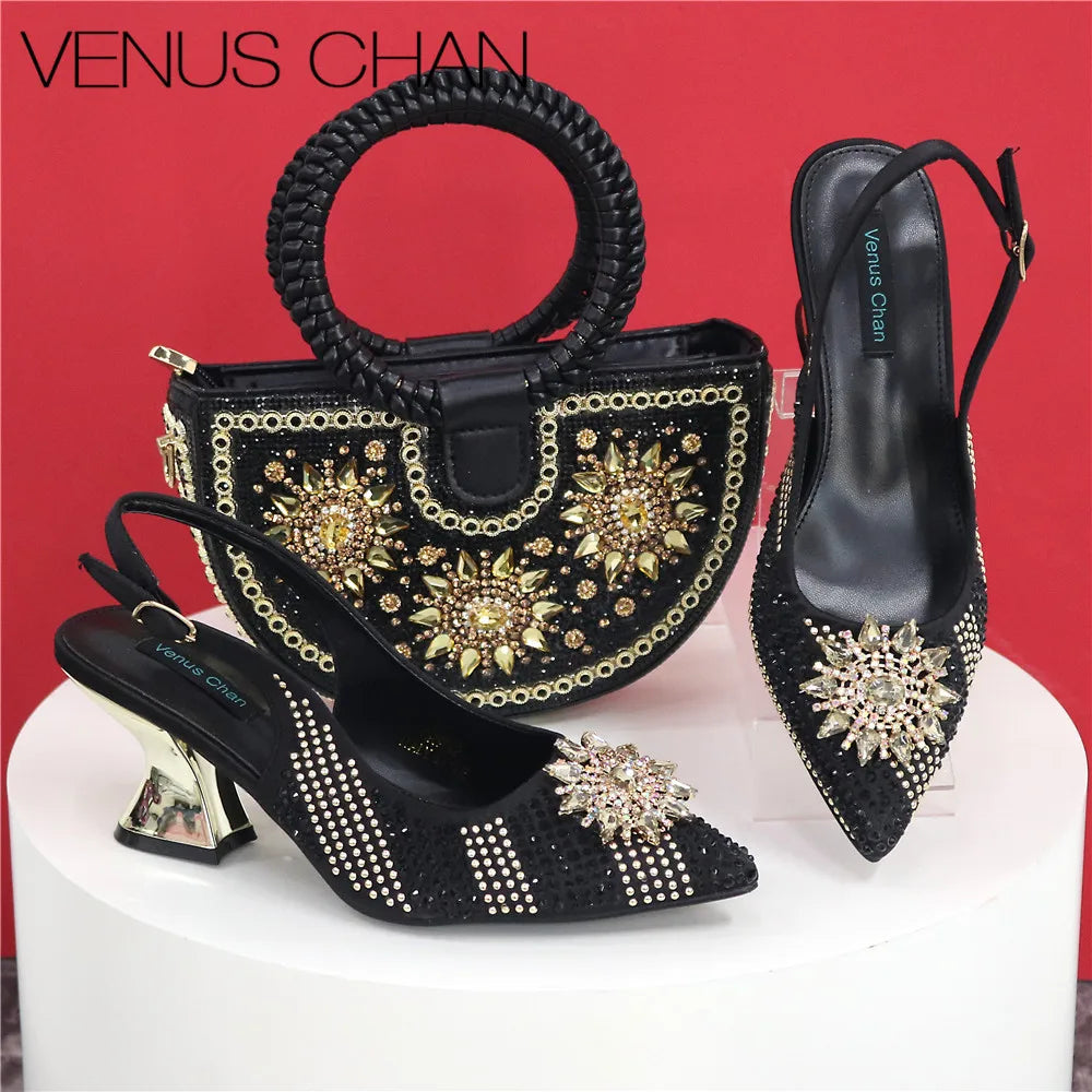 Italian Design Shoes & Handmade Petal Clutch Bag Set – Elegant Crystal Finish