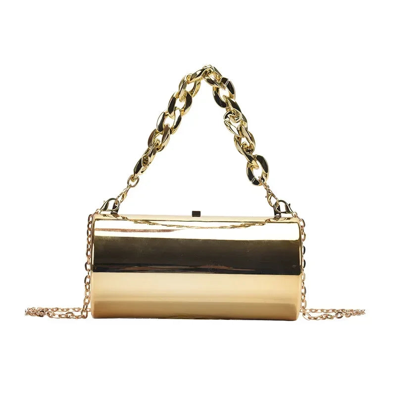 Gold Cylinder Clutch, Mini Evening Crossbody Bag