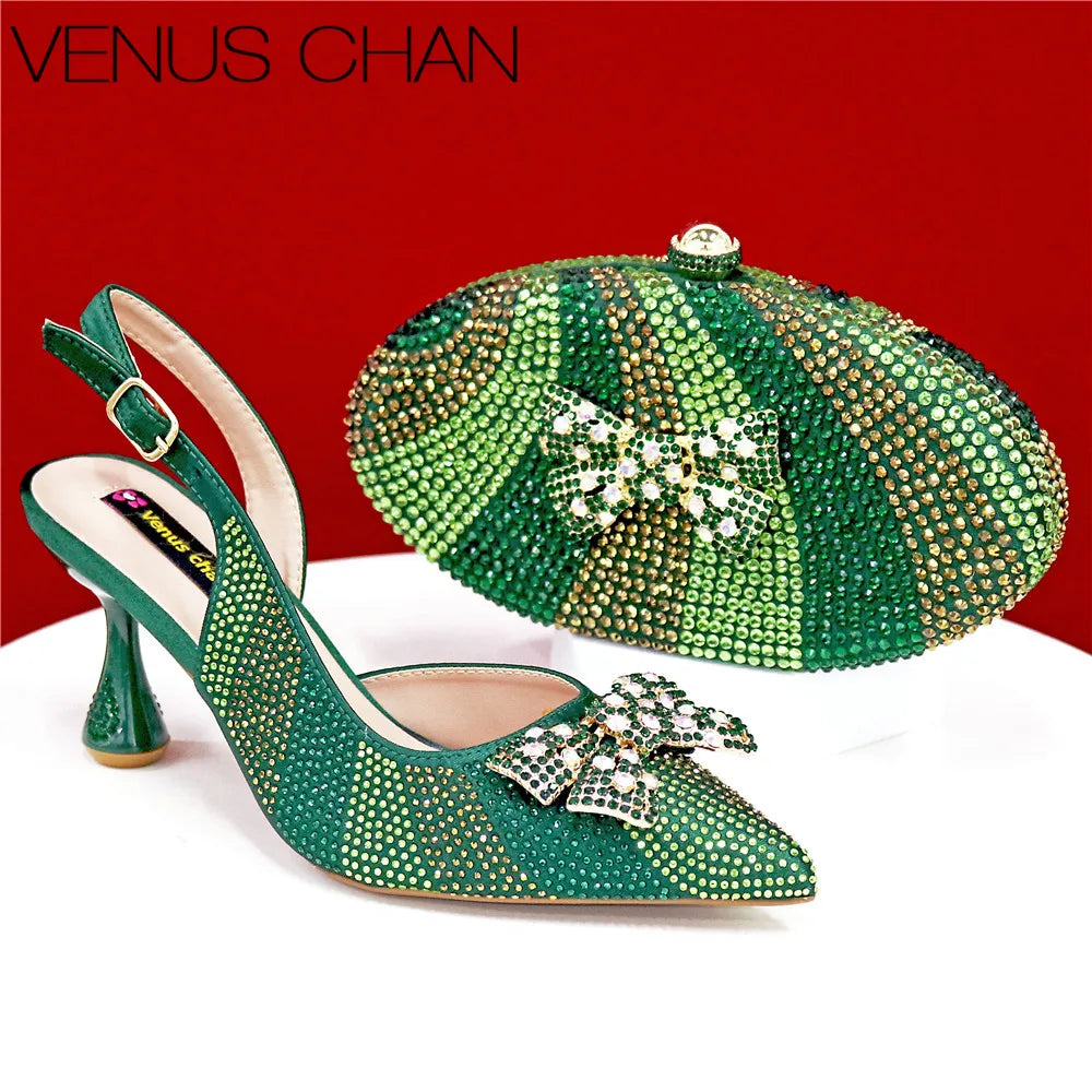 Italian Design Women’s High Heels & Matching Clutch Bag Set – Elegant with Appliqué Detail