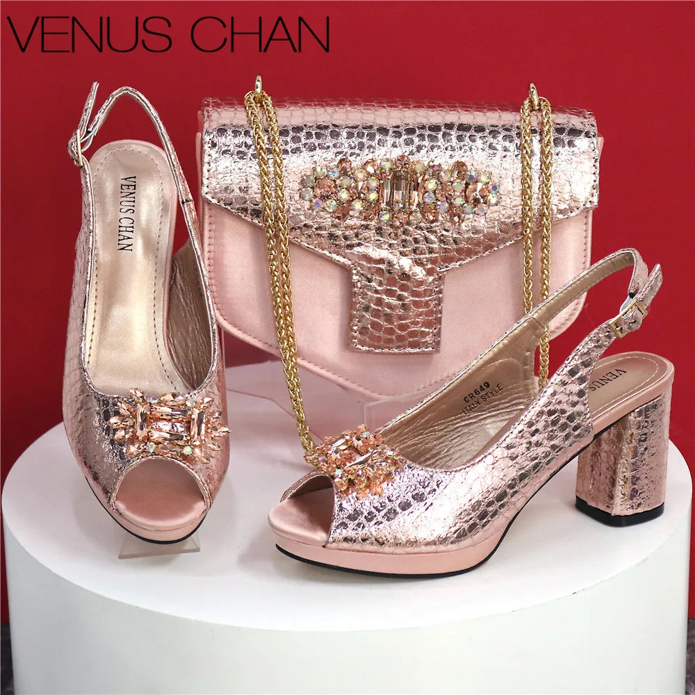 Elegant Crystal Peep Toe Heels & Matching Bag Set for Women