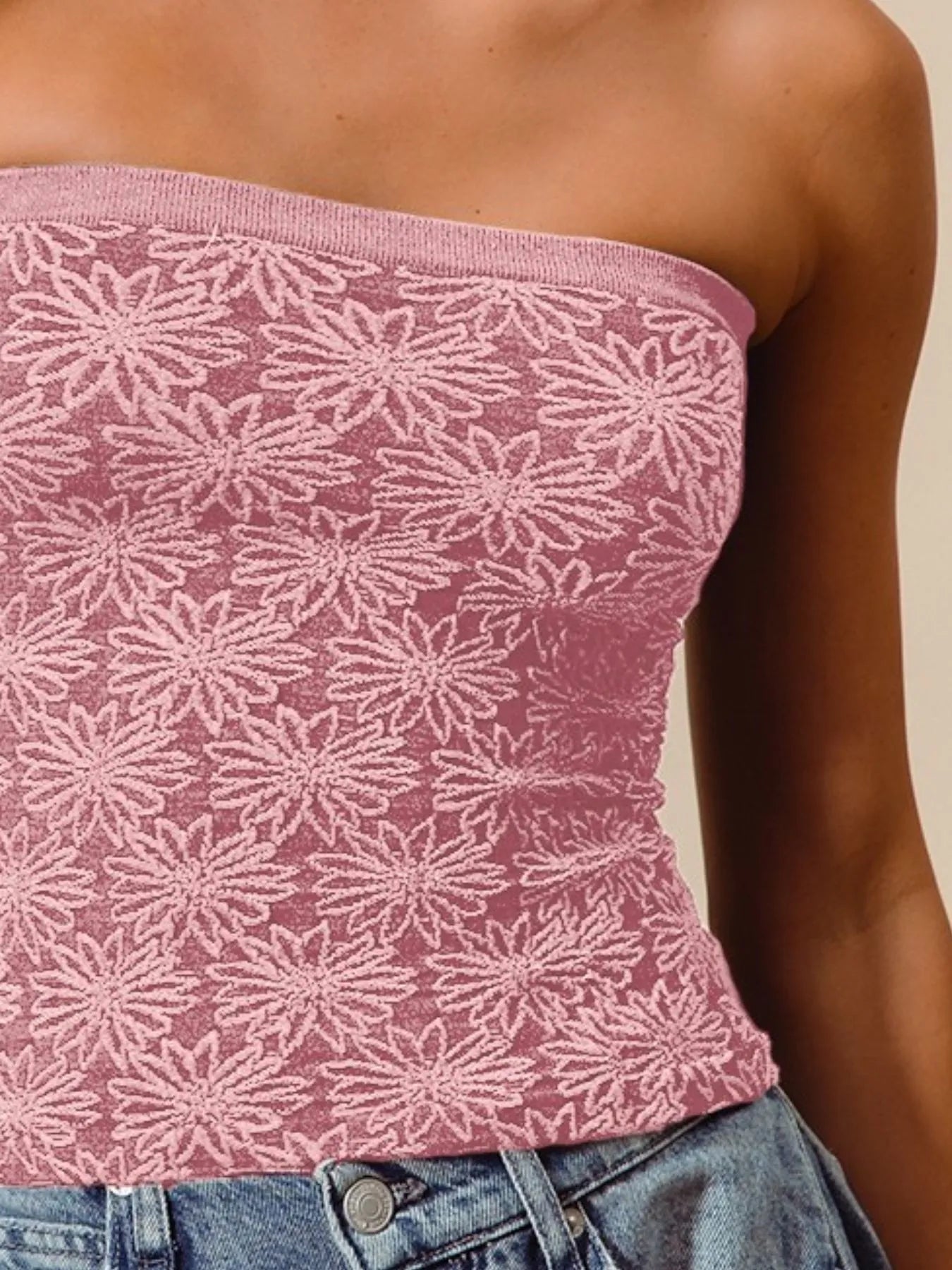 SO ME Jacquard Floral Two Tone Seamless Tube Top in Pink