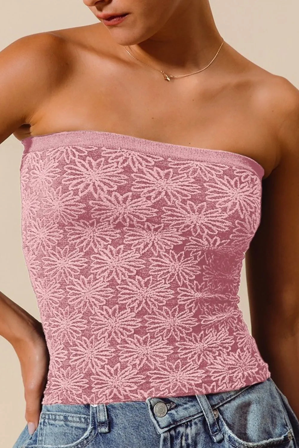 SO ME Jacquard Floral Two Tone Seamless Tube Top in Pink