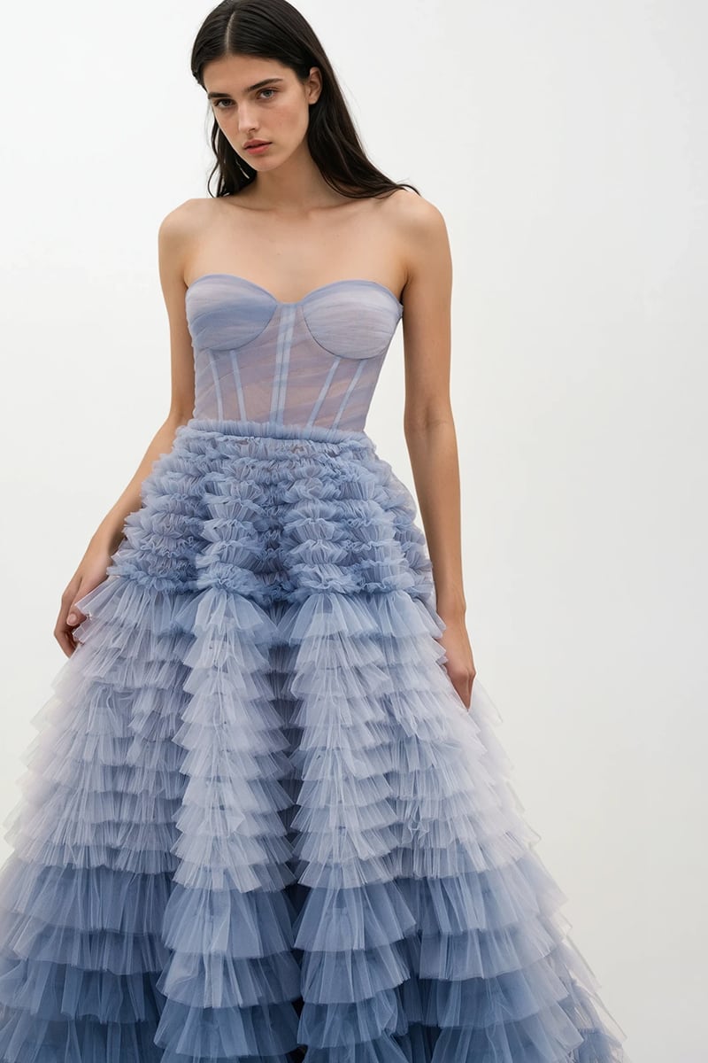 Chasing Desire Strapless Frill-Layered Maxi Dress