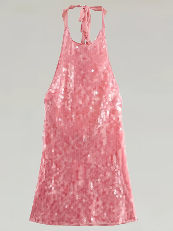 Sexy Sequin Halter Dress Pink Round Neck