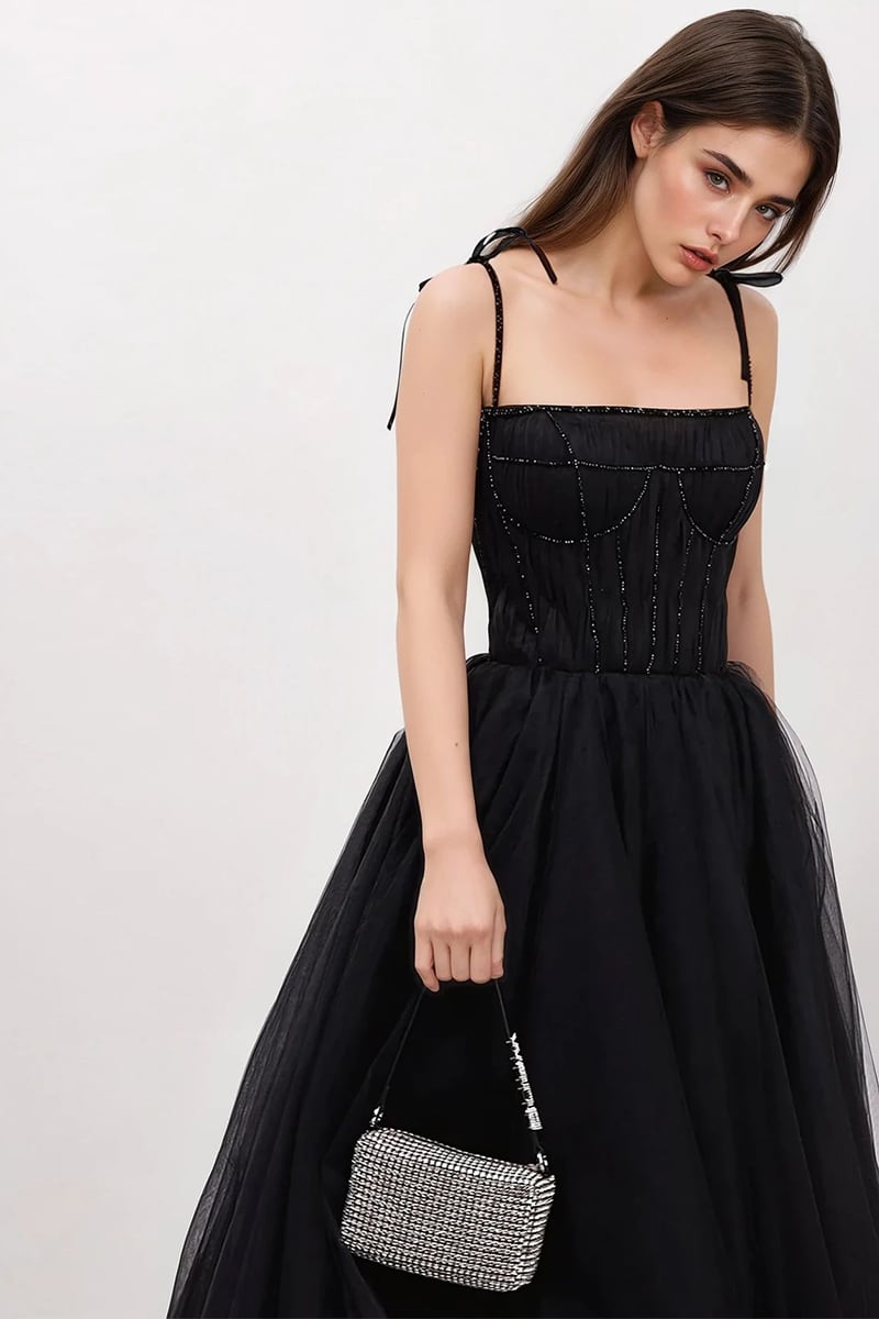 Sidney Tie-Strap Tulle Midi Dress