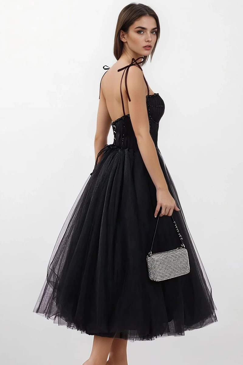 Sidney Tie-Strap Tulle Midi Dress