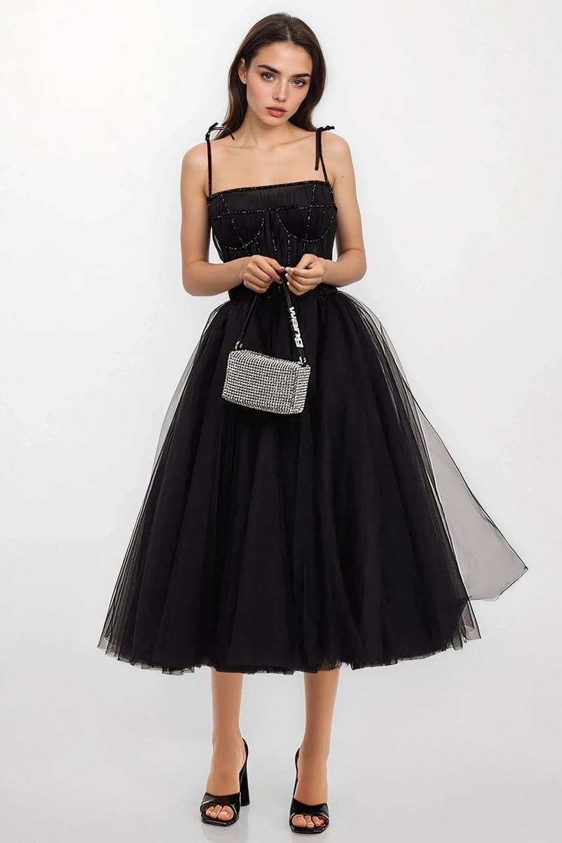 Sidney Tie-Strap Tulle Midi Dress