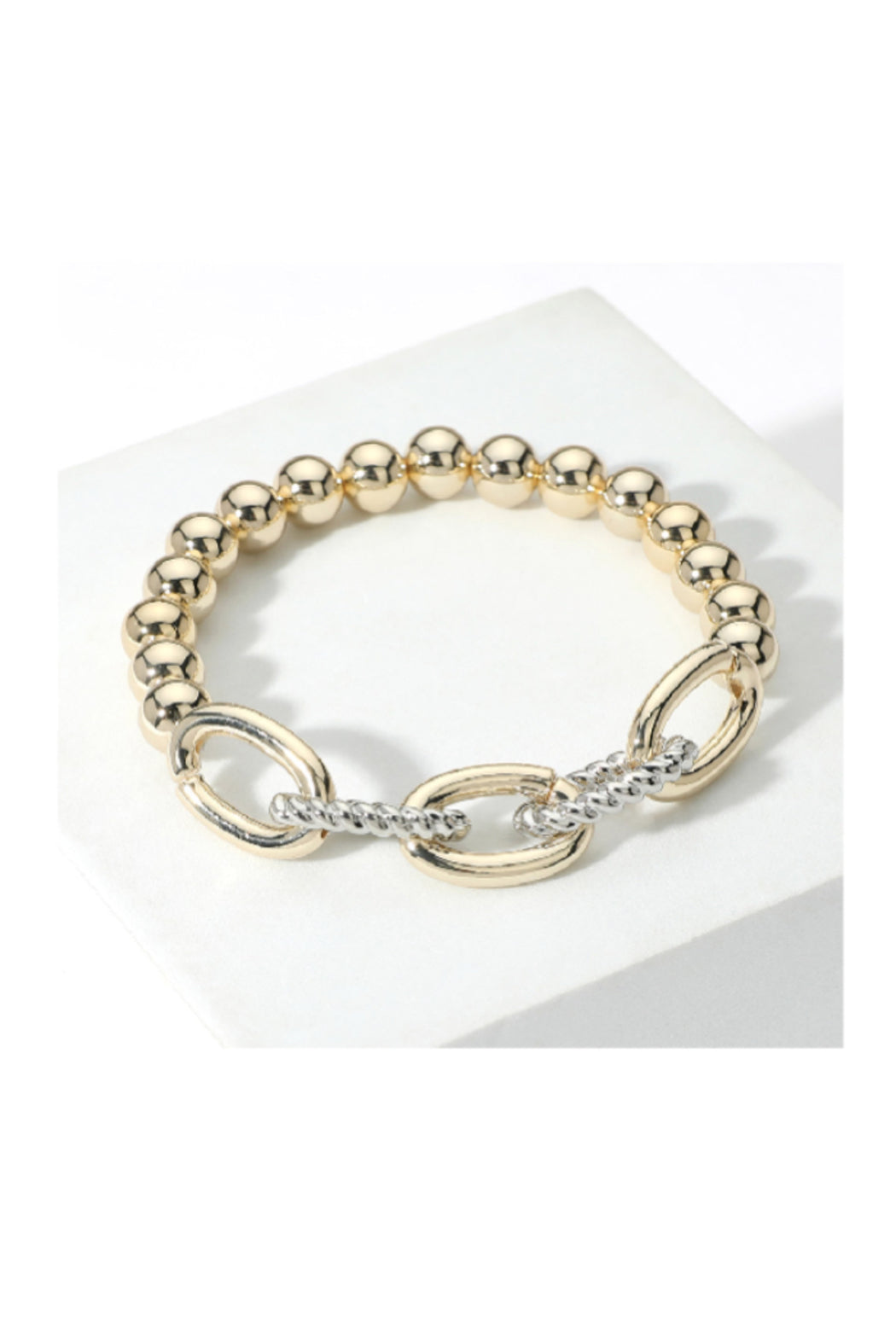 Two Tone Metal Oval Link Accented Beaded Stretch Bracelet