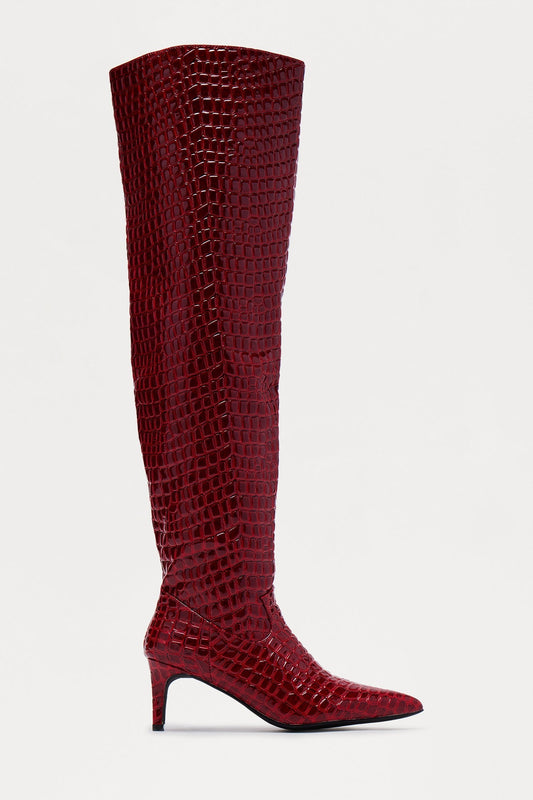 Snappy Croc Thigh High Boots - Burgundy