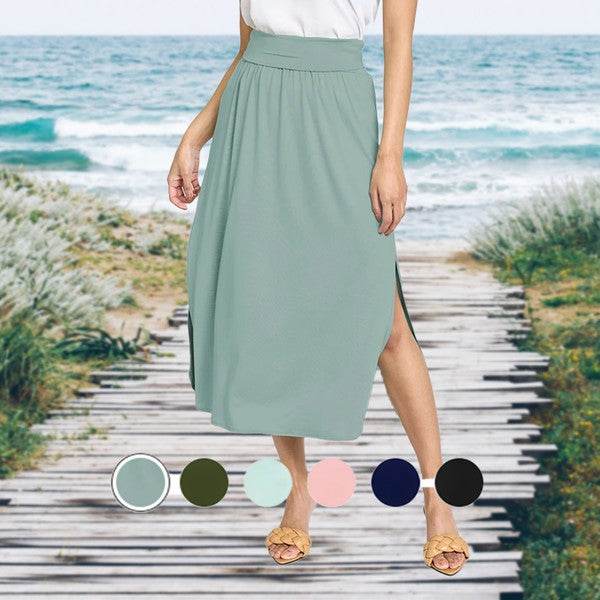 Plus Solid Side Slit Midi Skirt