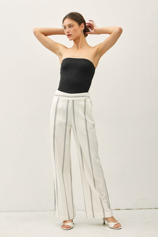 Ivory Striped Linen-Blend  Pants