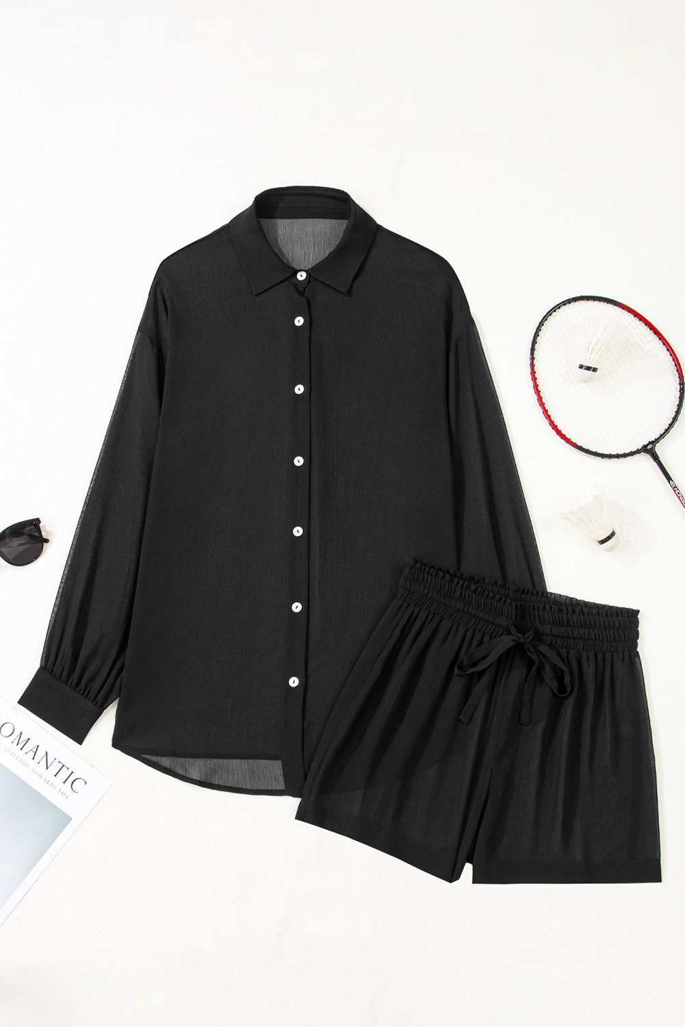 Black Sheer Tunic Shirt Drawstring Shorts 2pcs Swim Cover Up Sm-2XL