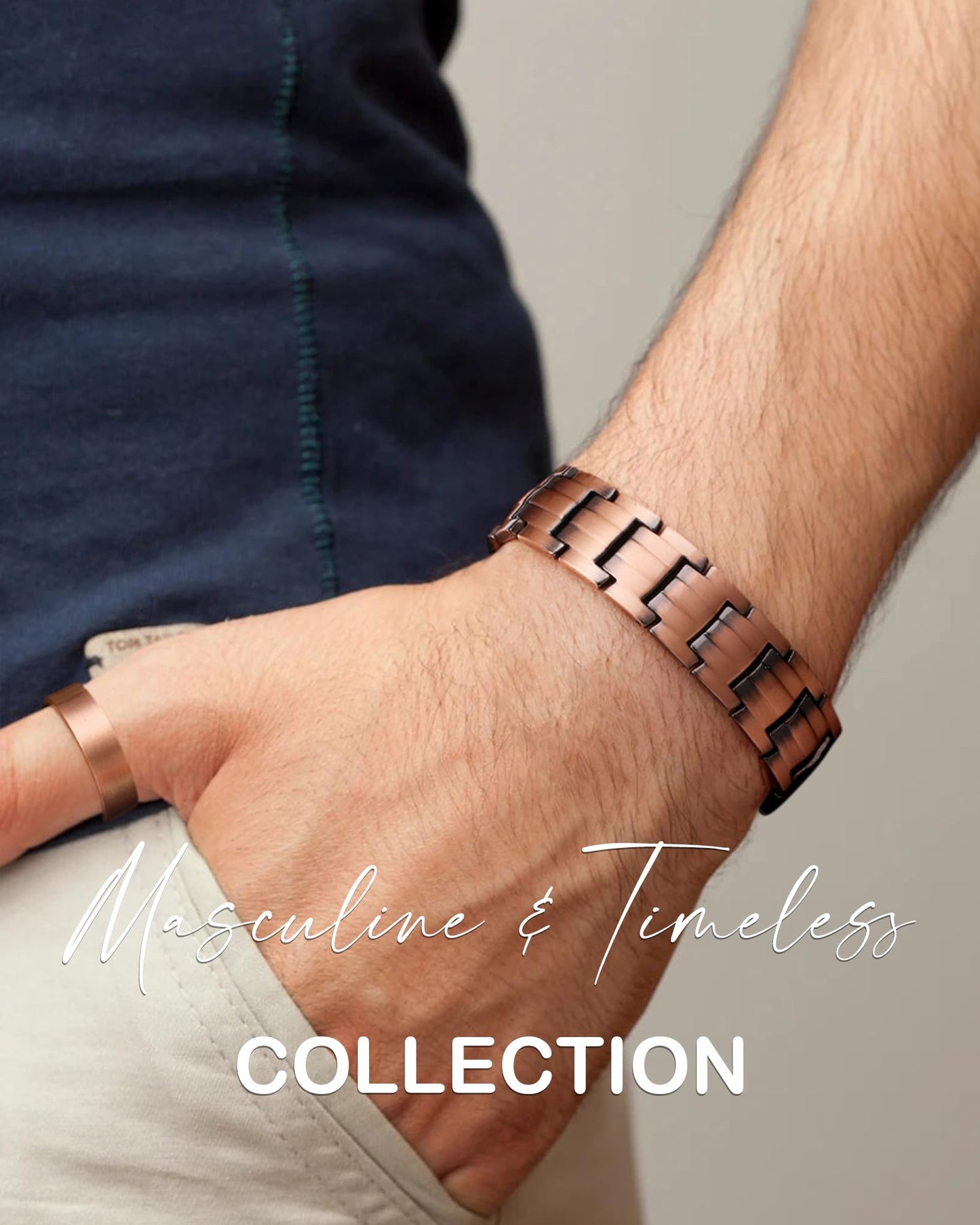 Men's Copper Magnetic Bracelet and Ring Elegant 99.99% Solid Copper Bracelets with Sizing Tool.