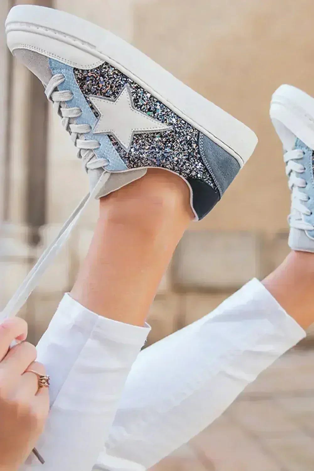 Silver Sequin Star Sneakers - Glitter Lace-Ups - Night Out Statement Shoes