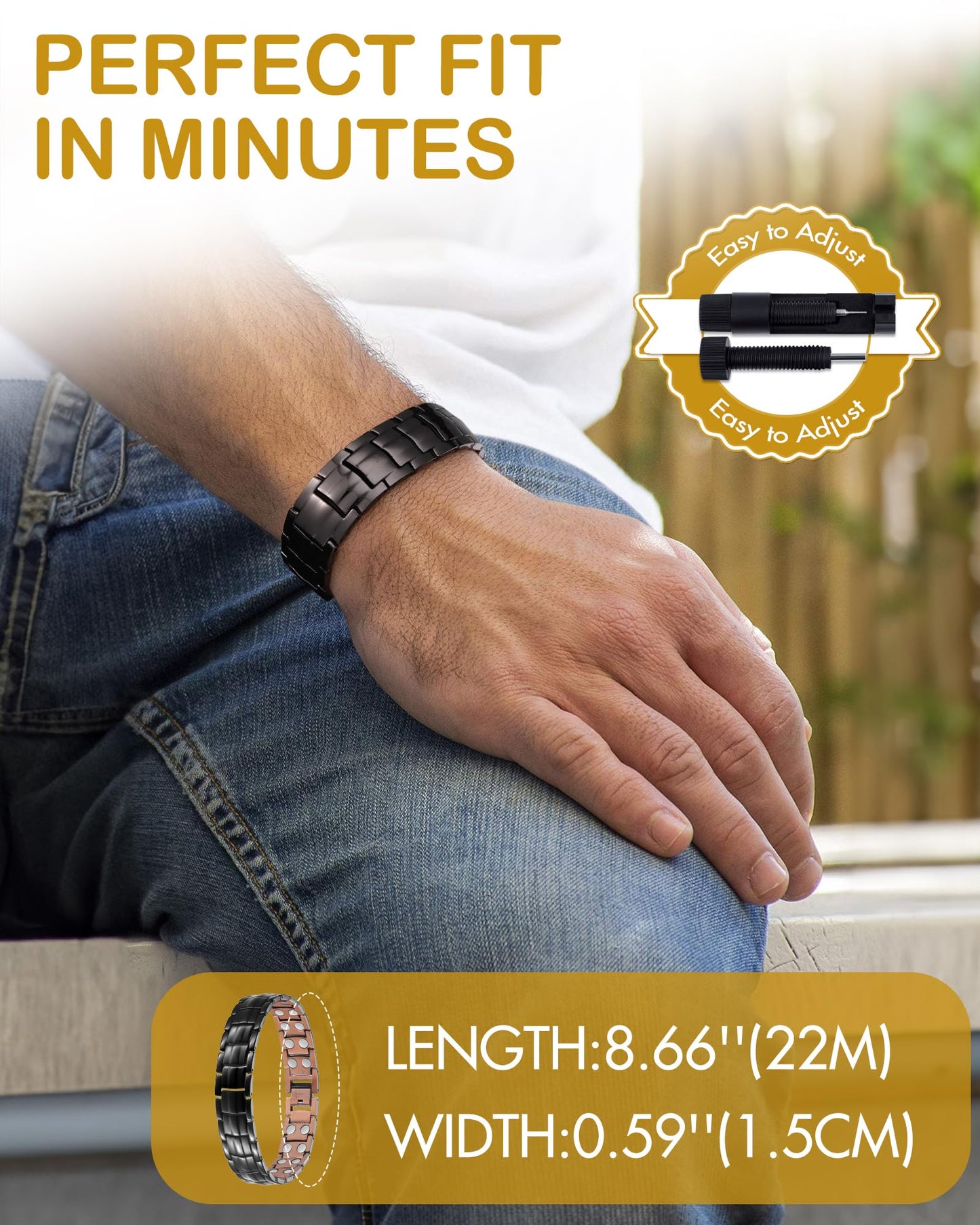 Men's Copper Magnetic Bracelet and Ring Elegant 99.99% Solid Copper Bracelets with Sizing Tool.