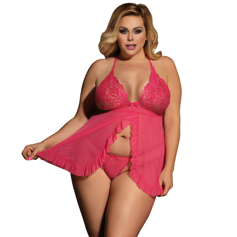 Plus Size Halter Lace See-Through Two-Piece Nightdress Set