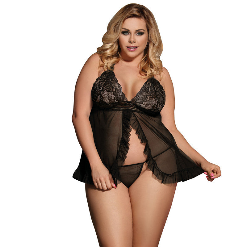 Plus Size Halter Lace See-Through Two-Piece Nightdress Set