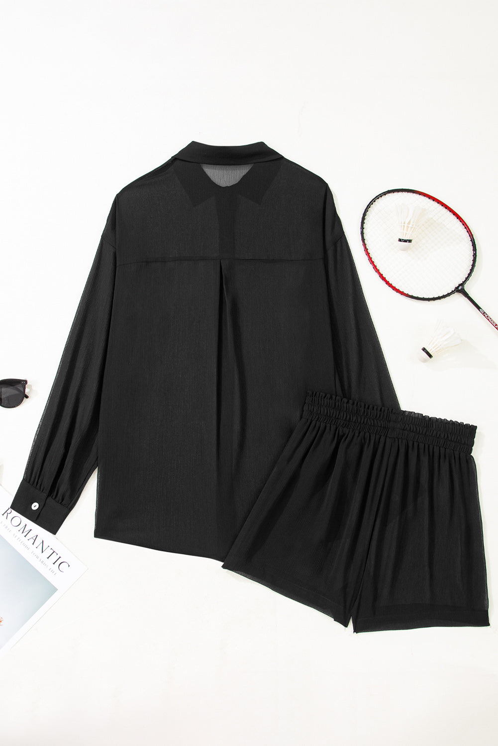 Black Sheer Tunic Shirt Drawstring Shorts 2pcs Swim Cover Up Sm-2XL