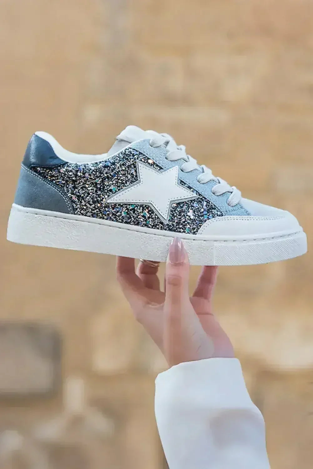 Silver Sequin Star Sneakers - Glitter Lace-Ups - Night Out Statement Shoes