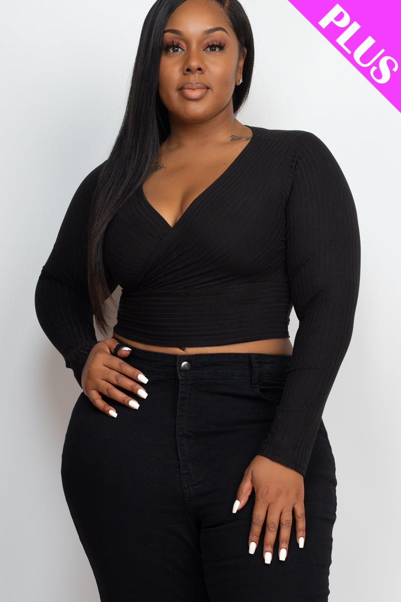 Plus Size Ribbed Wrap Front Long Sleeve Top (CAPELLA)