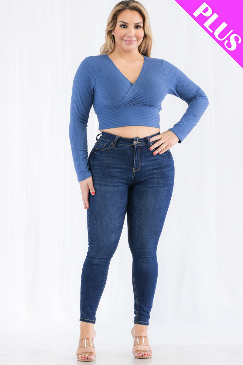 Plus Size Ribbed Wrap Front Long Sleeve Top (CAPELLA)